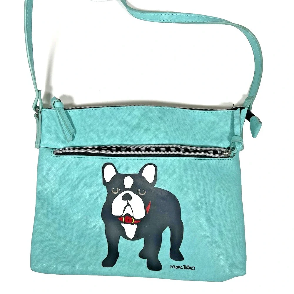 Marc Tetro French Bulldog Crossbody Double Zip Bag Black and White Frenchie Aqua